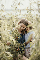 Frau prüft die Ernte, während sie mit ihrer Tochter auf dem Bauernhof sitzt - MJRF00317