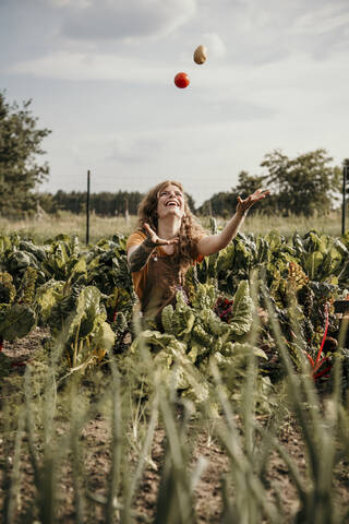Verspielter Landarbeiter spielt mit Gemüse bei der Ernte auf dem Bauernhof, lizenzfreies Stockfoto