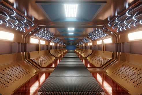 Dreidimensionales Rendering von geraden futuristischen Korridor innerhalb Raumschiff oder Raumstation - SPCF01154