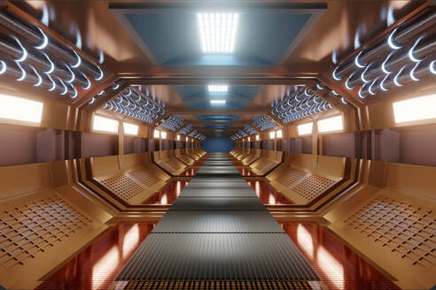Three dimensional render of straight futuristic corridor inside spaceship or space station - SPCF01154