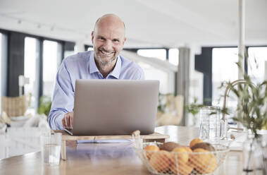 Lächelnder Geschäftsmann, der einen Laptop benutzt, während er zu Hause steht - FMKF06794