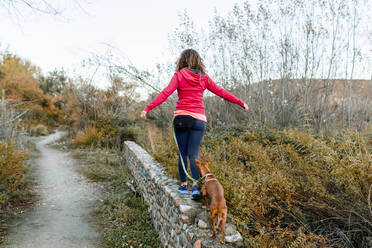 Mittlere erwachsene Frau mit ihrem Hund, die auf einer Stützmauer im Grünen spazieren geht - MRRF00718