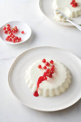 Overhead view of tasty panna cotta decorated with fresh berries on plate in cafeteria - ADSF18599