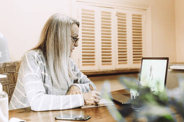 Ältere Frau bei einem Videogespräch mit einem Arzt, der zu Hause in sein Tagebuch schreibt - ERRF04820