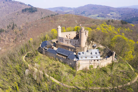 Germany, Hesse, Bensheim, Helicopter view of Auerbach Castle in spring stock photo