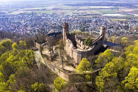 Germany, Hesse, Bensheim, Helicopter view of Auerbach Castle in spring with town in background stock photo