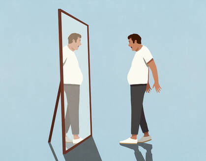 Überrascht Mann Blick auf Reflexion der großen Bauch im Spiegel - FSIF05418