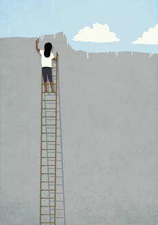 Woman on ladder painting blue sky over gray wall - FSIF05437