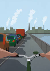 POV Fahrrad auf dem Radweg, das an Autos vorbeifährt, die auf einer Brücke im Stau stehen - FSIF05497
