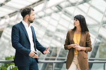 Businessman with female colleague discussing in office - JOSEF02504