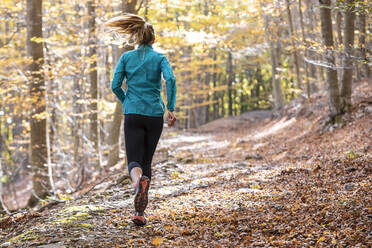 Junger Sportler beim Laufen auf einem Wanderweg im Wald - JSRF01247