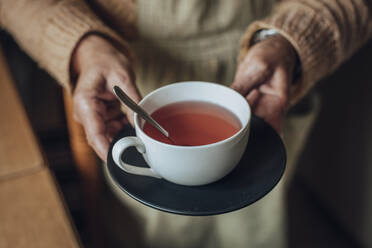 Ältere Frau hält eine Tasse Tee in den Händen - ACPF00969