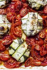 Zucchini-Ravioli gefüllt mit Spinat und Feta-Käse auf gegrillten Tomaten im Teller - SBDF04454