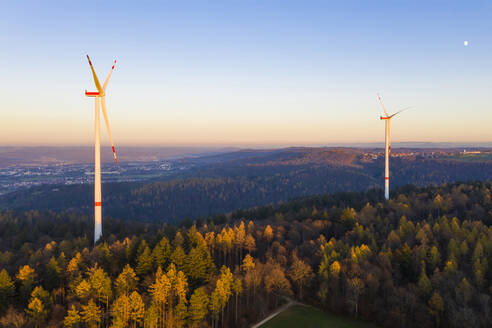 Windkraftanlagen im herbstlichen Wald in der Abenddämmerung - WDF06432