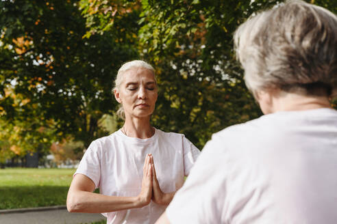 Weibliche Freunde machen Yoga mit geschlossenen Augen im öffentlichen Park an einem sonnigen Tag - VYF00348