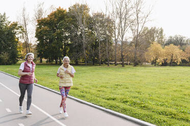 Smiling female friends jogging in public park on sunny day - VYF00353