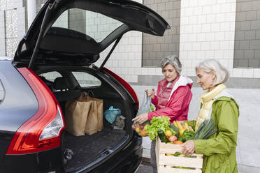 Freundinnen laden Lebensmittel in den Kofferraum eines Autos - VYF00374