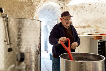 Älterer männlicher Winzer bei der Weinvorbereitung in der Weinkellerei - EGAF01265
