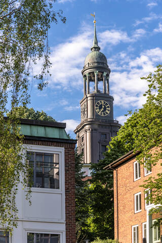 Germany, Hamburg, Bell tower of historic Saint Michaels Church stock photo