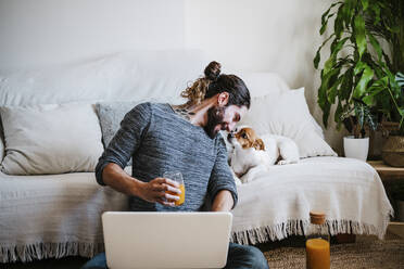 Man with juice and laptop smiling while looking at dog sitting on sofa at home - EBBF01777