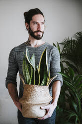 Young man holding Sansevieria plant while standing at home - EBBF01815