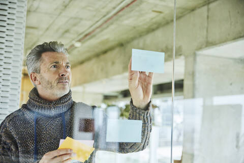 Male businessman putting sticky note while standing by glass wall at office stock photo