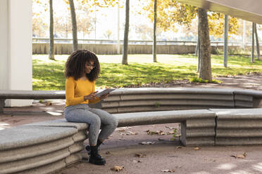 Afro-Frau, die ein digitales Tablet benutzt, während sie auf einer Steinbank in einem öffentlichen Park sitzt - PNAF00271