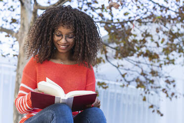 Glückliche Afro-Frau liest Buch gegen Baum - PNAF00298