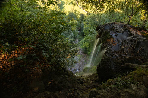 Wasserfall inmitten von Bäumen und Pflanzen auf der Schwäbischen Alb, Deutschland - FDF00282