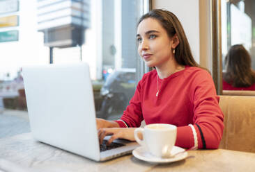 Junge Frau, die einen Laptop benutzt, während sie in einem Café sitzt - JCCMF00242