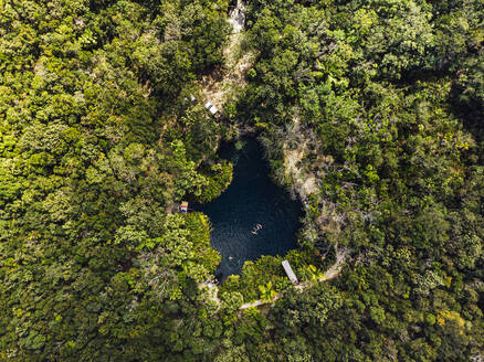 Luftaufnahme der Cenote, umgeben von grünem, üppigem Dschungel - JMPF00745