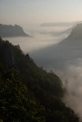 Scenic view of sunrise over Danube Valley at Beuron, Swabian Alb, Germany - FDF00317