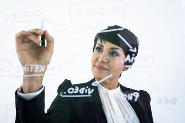 Portrait of businesswoman writing on transparent wipe board - GIOF10142