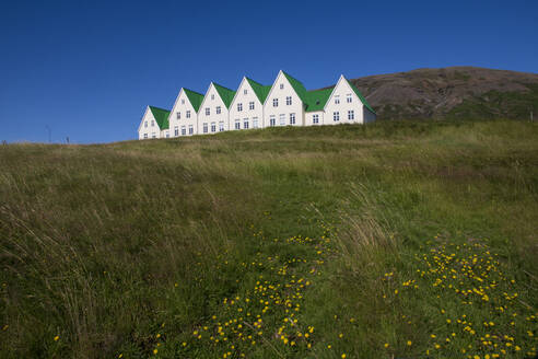 Heradsskolinn-Häuser in einer Reihe gegen den klaren Himmel am Laugarvatn, Island - NEKF00052
