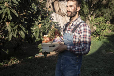 Junger männlicher Landwirt mit Gemüsekiste, der an einem sonnigen Tag auf einem Bauernhof nachdenkt - JPTF00606