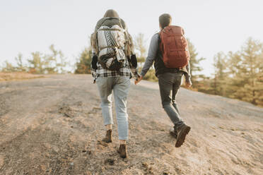 Young couple holding hands while walking up hill during autumn hike - SMSF00490