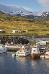 Fischerboote im Hafen von Grundarfjordur, mit einer Bergkulisse, auf der Halbinsel Snaefellsnes, Westisland, Polarregionen - RHPLF18554