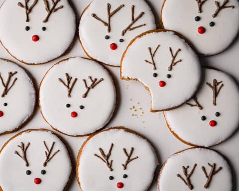 Homemade Christmas cookies with reindeer decoration stock photo
