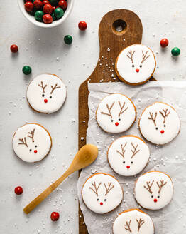 Candies and homemade Christmas cookies with reindeer decoration - FLMF00370