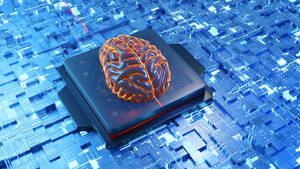 3D-Darstellung des Gehirns auf einer Leiterplatte über einem neuronalen Netz - SPCF01165