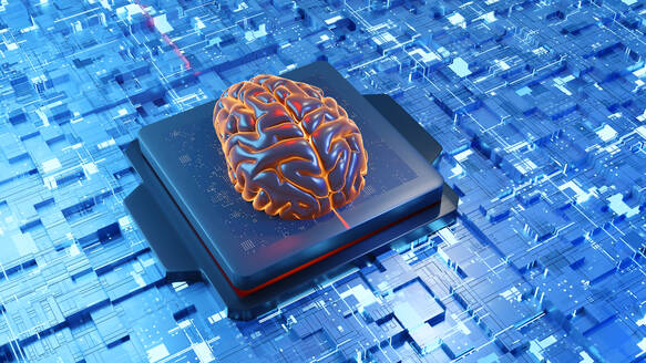 3D illustration of brain on circuit board over neural network - SPCF01165