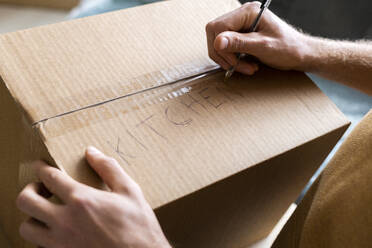 Young man labeling box with kitchen supplies while moving into new home - GIOF10289