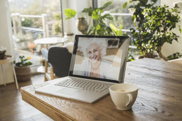 Senior woman smiling on laptop screen during video call - UUF22296