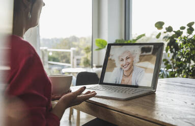 Senior woman smiling on laptop screen during video call - UUF22297