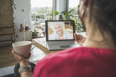 Senior woman smiling on laptop screen during video call - UUF22299