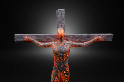 3D-Illustration eines männlichen Charakters, der den gekreuzigten Jesus symbolisiert, hergestellt aus Energie und Beton - SPCF01187
