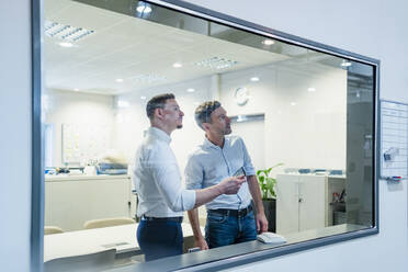 Geschäftsmann mit männlichem Mitarbeiter, der durch ein Glasfenster schaut, während er in einer Fabrik arbeitet - DIGF13550