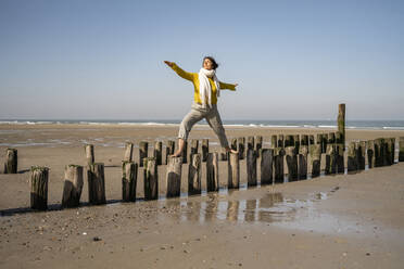 Mature woman with arms outstretched standing on wooden posts at beach against clear sky - UUF22327