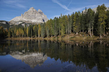 Amazing landscape of lake with calm water located near evergreen woods on sunny day on background of the Dolomites mountain range in Italy - ADSF19705