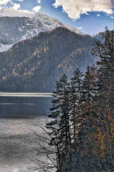 Lake Ritsa surrounded by forested mountains in autumn, Abkhazia, Georgia - KNTF06112